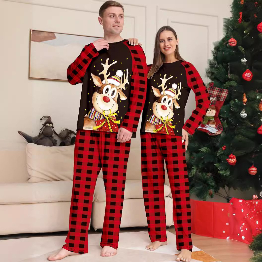 Hot Selling Christmas Red And Black Contrasting Family Pajamas Round Neck Family Matching Christmas Pajamas Set