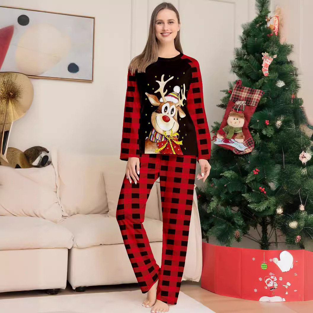 Hot Selling Christmas Red And Black Contrasting Family Pajamas Round Neck Family Matching Christmas Pajamas Set
