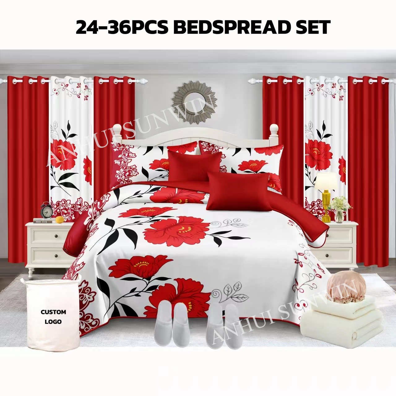 China Nantong Factory 100% king size bedspreads and matching curtains bathroom sets 24 pcs bedding sets