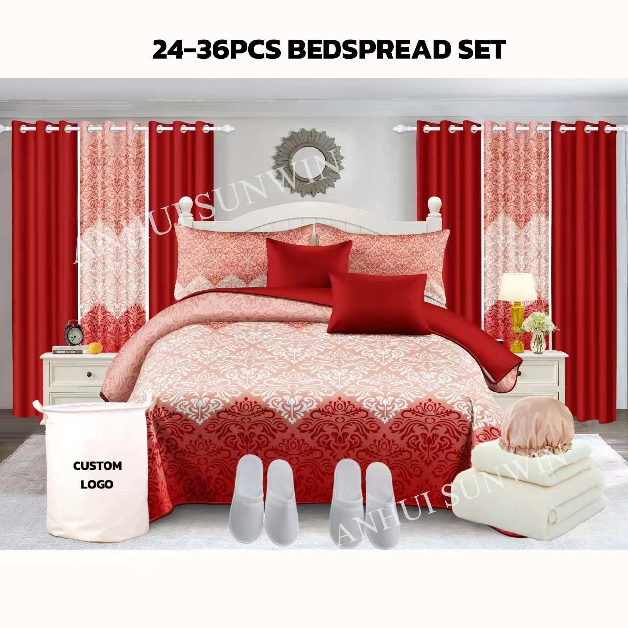 China Nantong Factory 100% king size bedspreads and matching curtains bathroom sets 24 pcs bedding sets