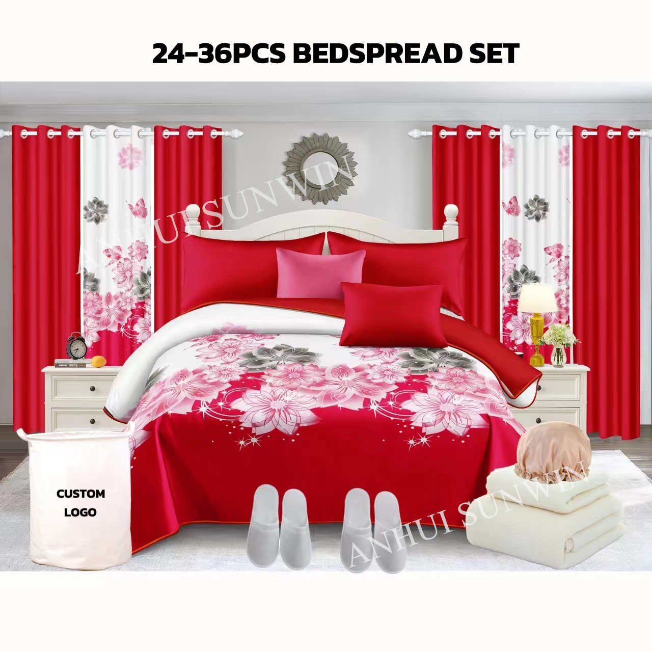 China Nantong Factory 100% king size bedspreads and matching curtains bathroom sets 24 pcs bedding sets