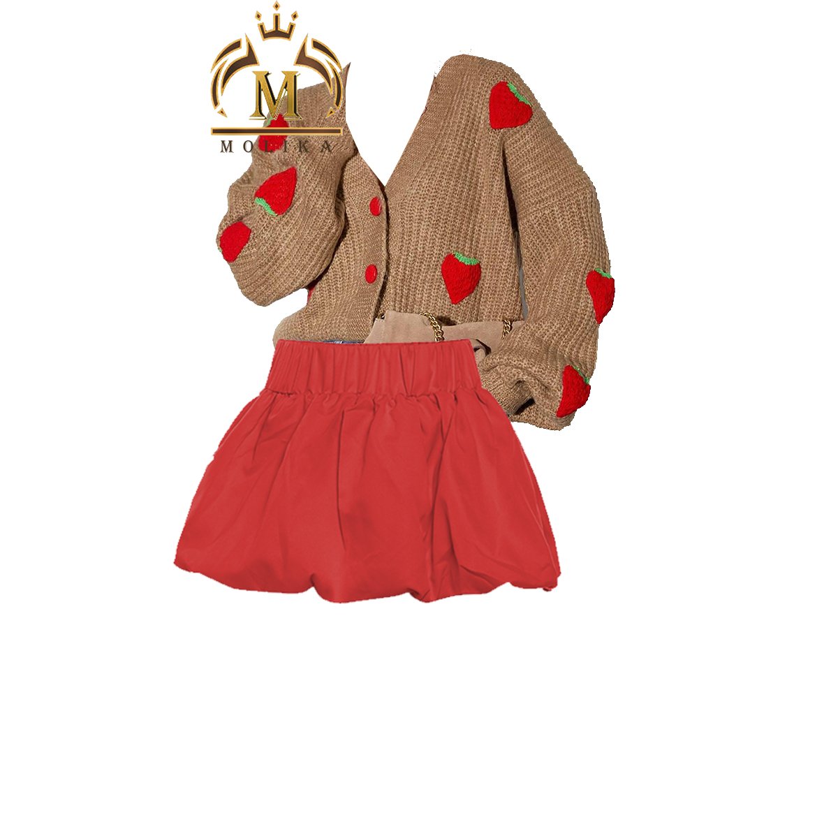 Winter Fall Women's Outfits Strawberry Decoration Knitted Cardigan Sweater Bubble Skirt Matching Two Piece Skirt Sets For Women