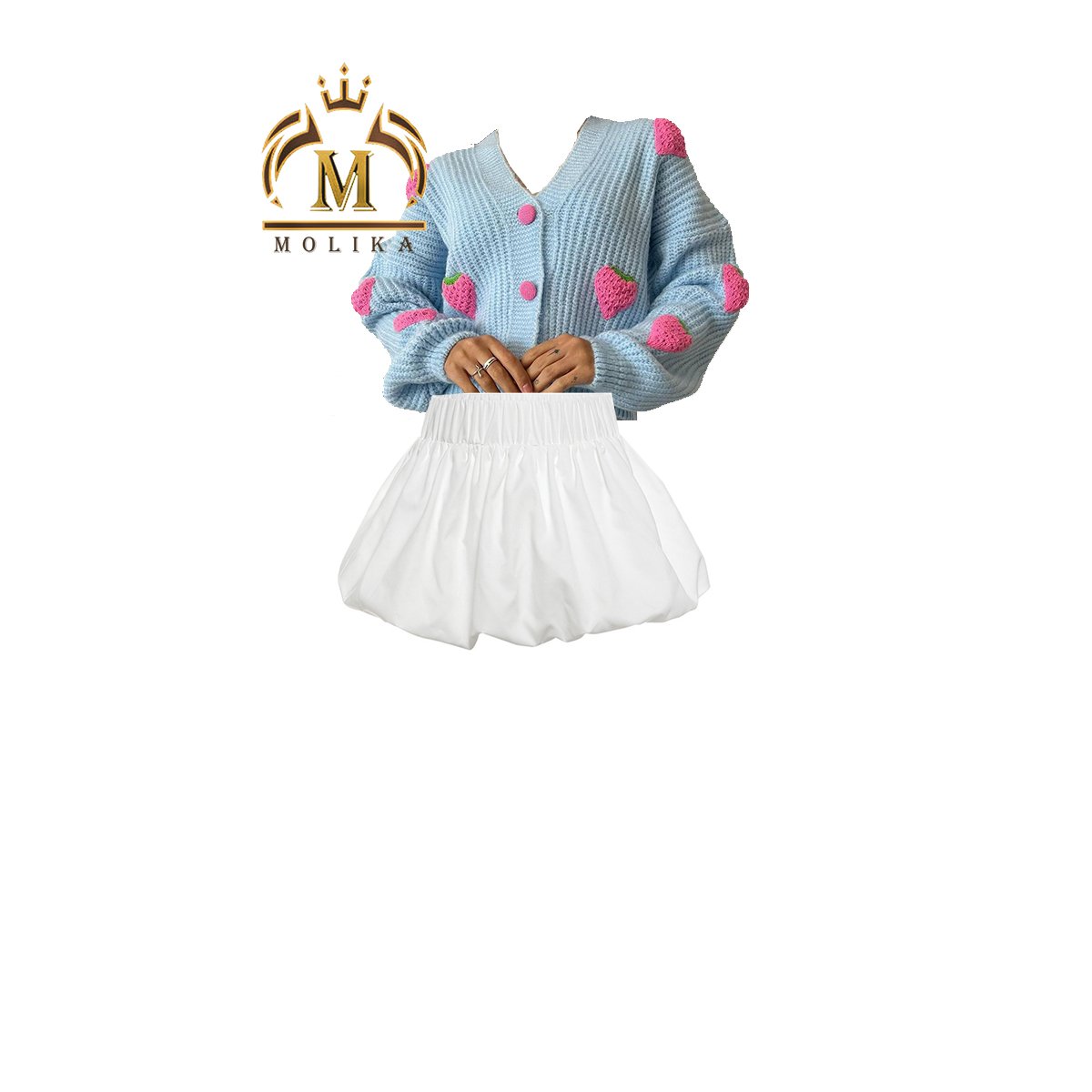 Winter Fall Women's Outfits Strawberry Decoration Knitted Cardigan Sweater Bubble Skirt Matching Two Piece Skirt Sets For Women