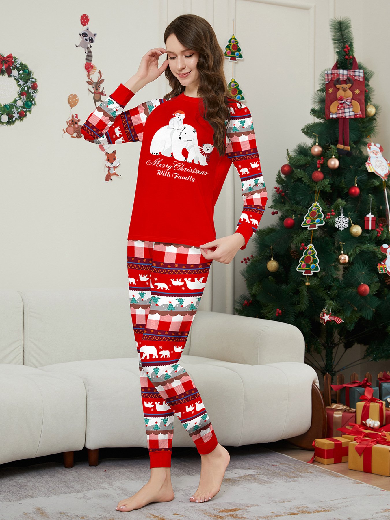 Matching Christmas Family Pajamas Set Letters Print Top and Plaid Pants Clothing Set for Women Men Kids Couples