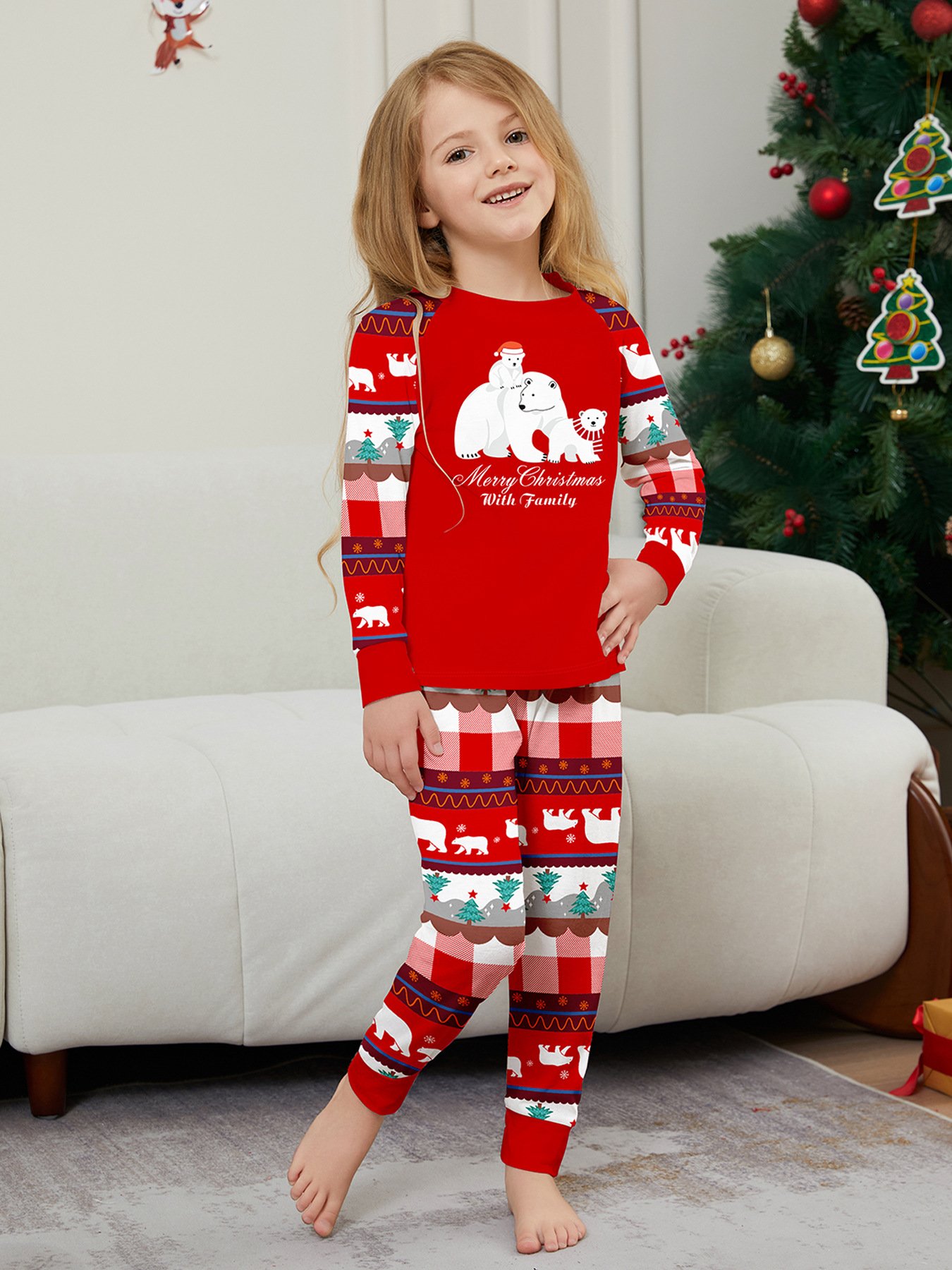 Matching Christmas Family Pajamas Set Letters Print Top and Plaid Pants Clothing Set for Women Men Kids Couples