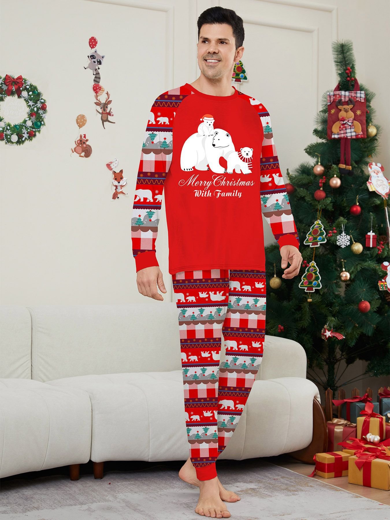 Matching Christmas Family Pajamas Set Letters Print Top and Plaid Pants Clothing Set for Women Men Kids Couples