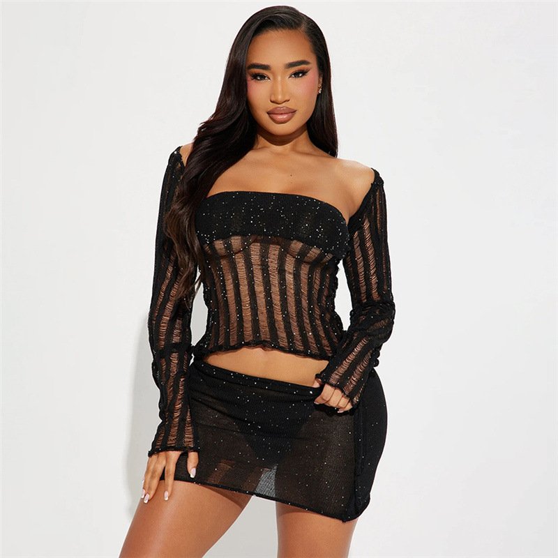 X16122C Knit Crochet 3 Piece Sets Women Sexy Long Sleeve Crop Top+Tube Tops+Mini Hip Skirt Matching Midnight Party Club Outfits