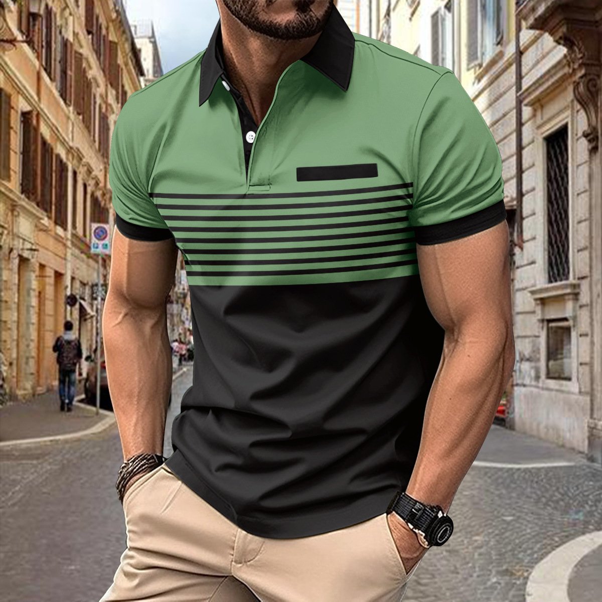 2024 men's casual POLO shirt pocket buttons printed color matching striped T-shirt men