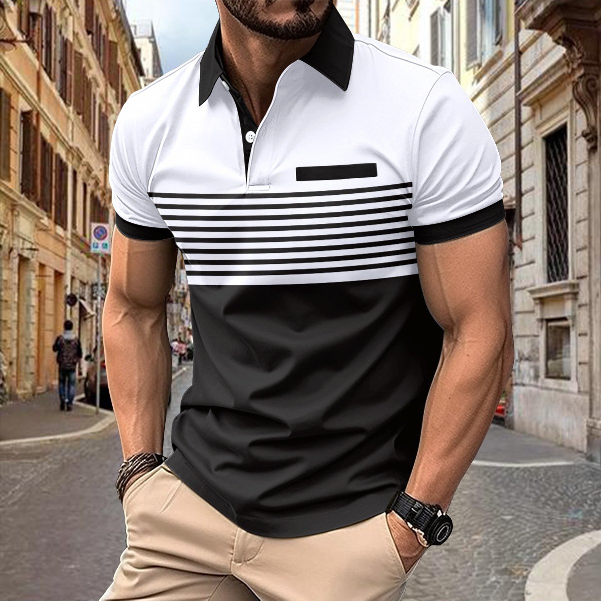 2024 men's casual POLO shirt pocket buttons printed color matching striped T-shirt men