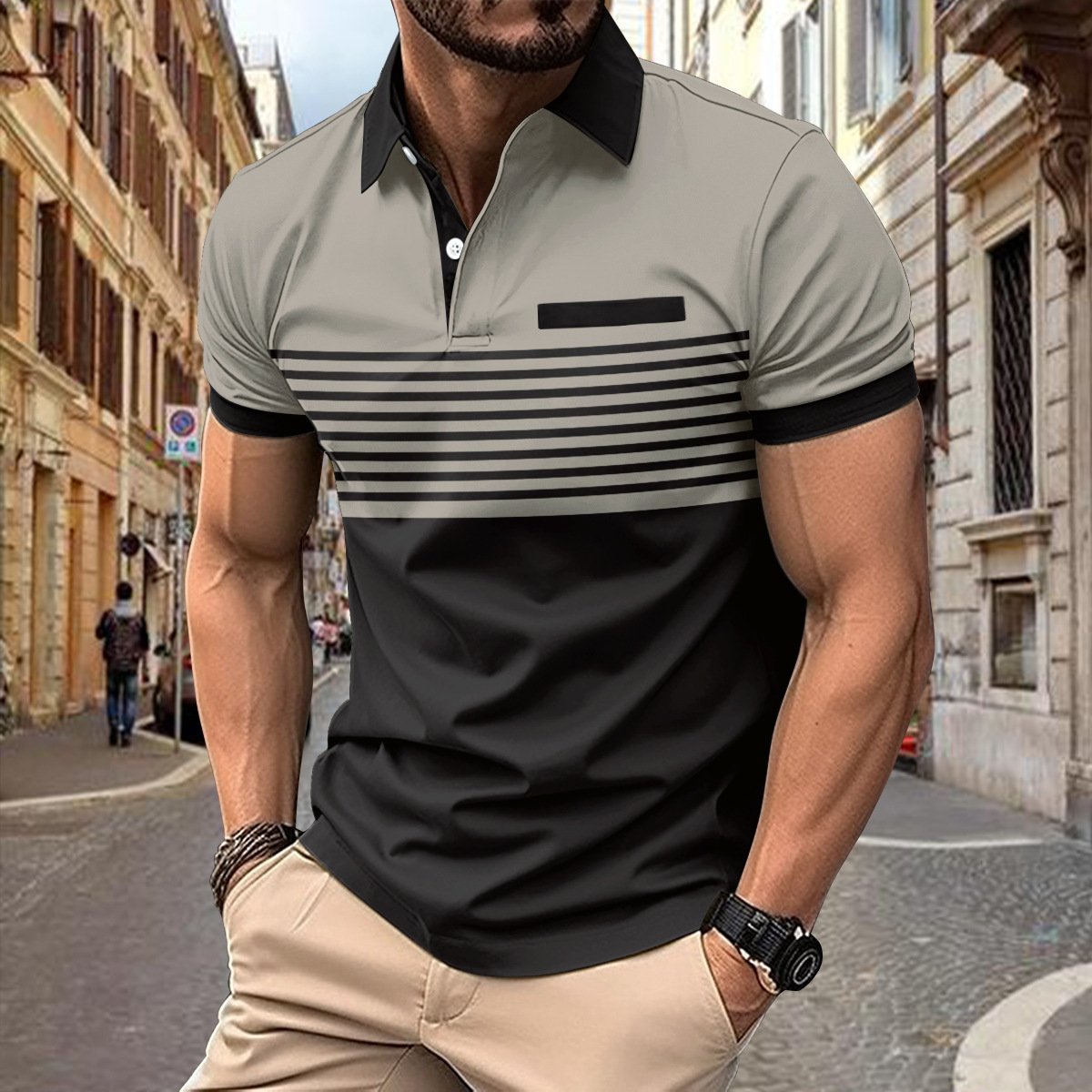 2024 men's casual POLO shirt pocket buttons printed color matching striped T-shirt men