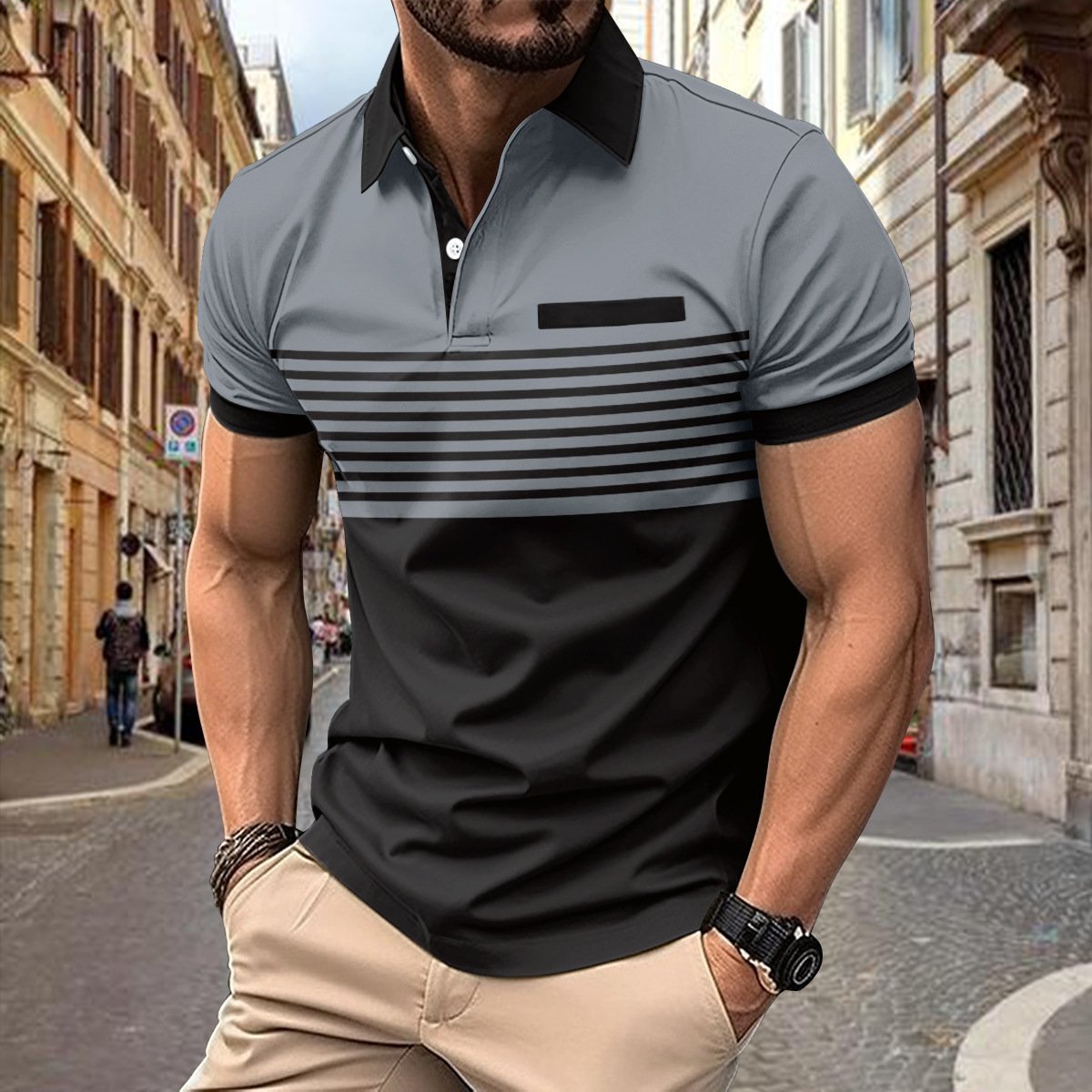 2024 men's casual POLO shirt pocket buttons printed color matching striped T-shirt men