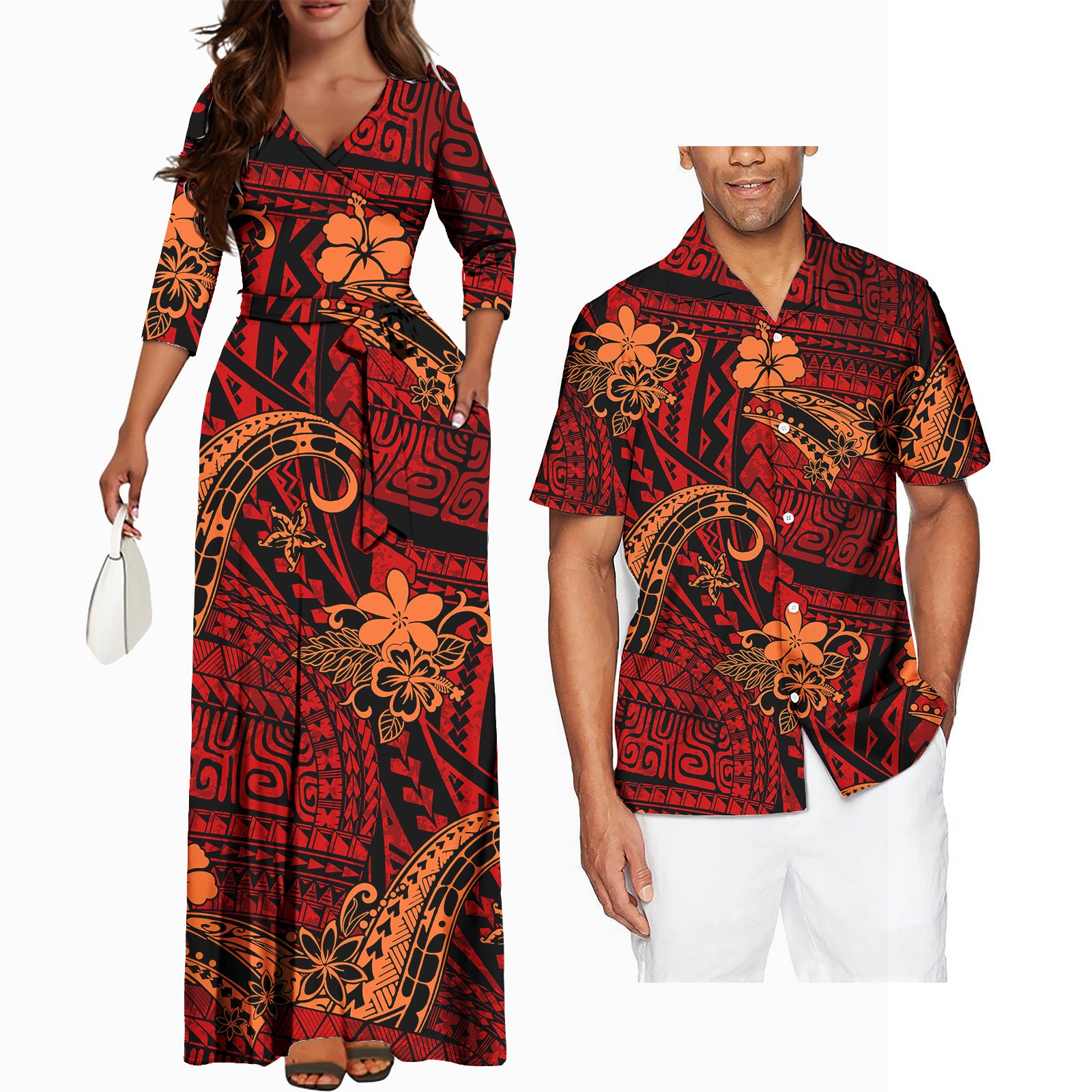 Couples Clothing Men And Women Party Polynesian Tattoo Print Design Fashion Bodycon Casual Dresses Matching Men Shirt