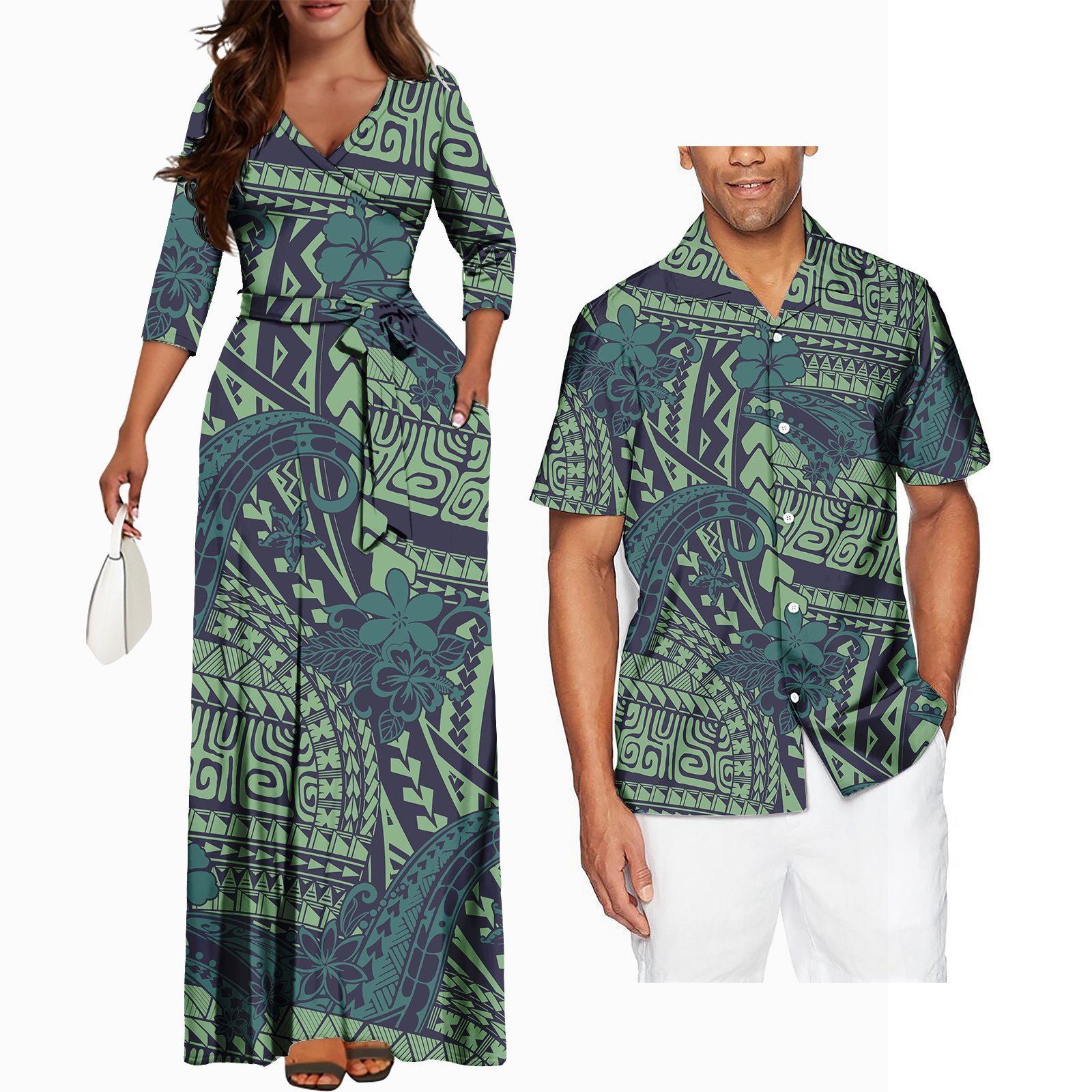 Couples Clothing Men And Women Party Polynesian Tattoo Print Design Fashion Bodycon Casual Dresses Matching Men Shirt