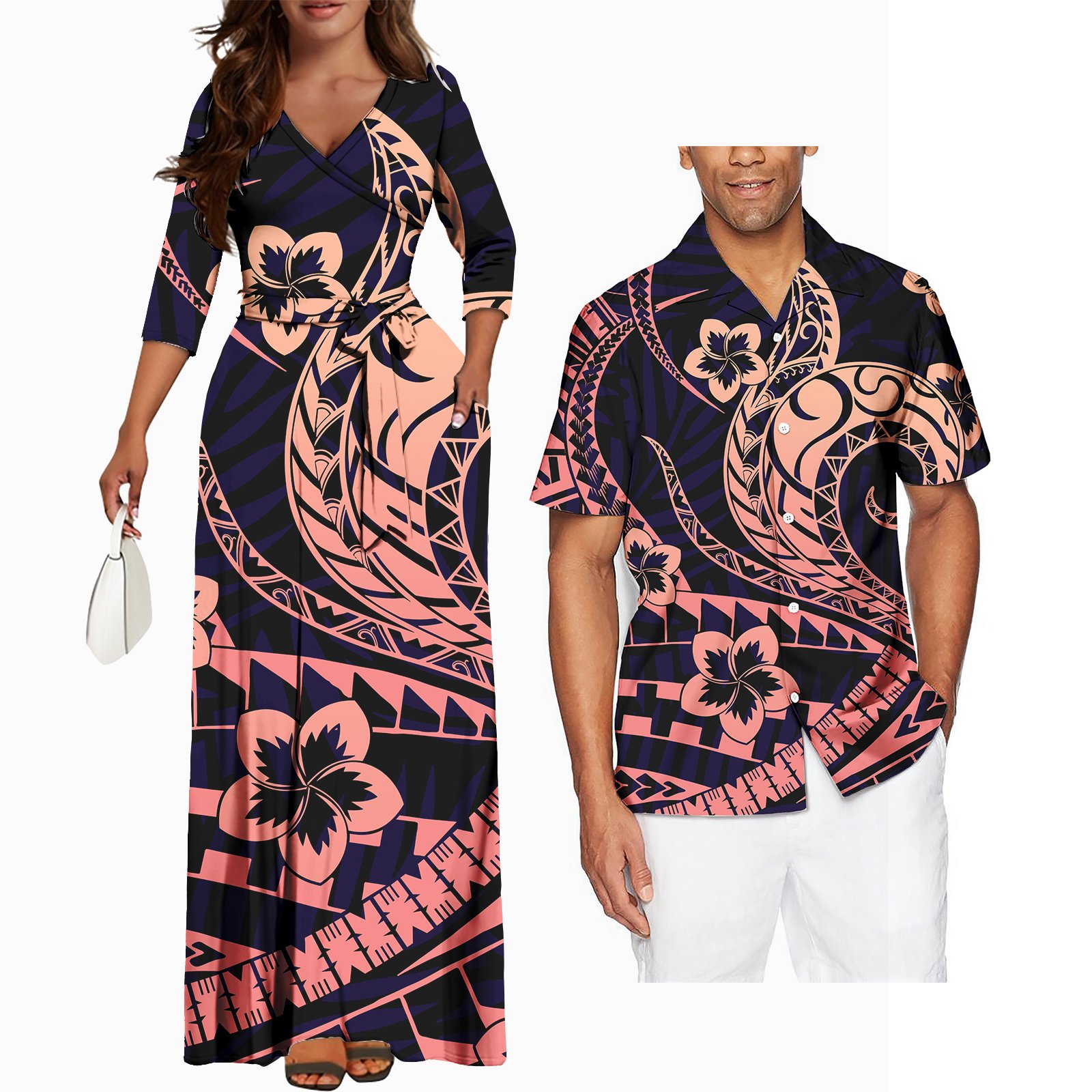 Couples Clothing Men And Women Party Polynesian Tattoo Print Design Fashion Bodycon Casual Dresses Matching Men Shirt