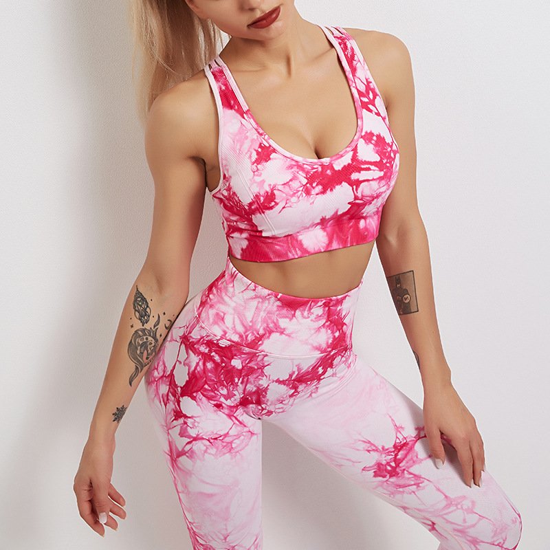 Women Scrunch Butt Seamless Leggings Gym Set Yoga Bra Back 6 Strap Cross Tie Dye Shockproof Sports Bra High Support