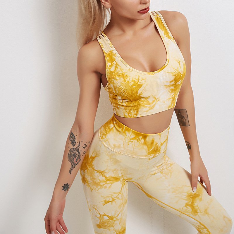 Women Scrunch Butt Seamless Leggings Gym Set Yoga Bra Back 6 Strap Cross Tie Dye Shockproof Sports Bra High Support