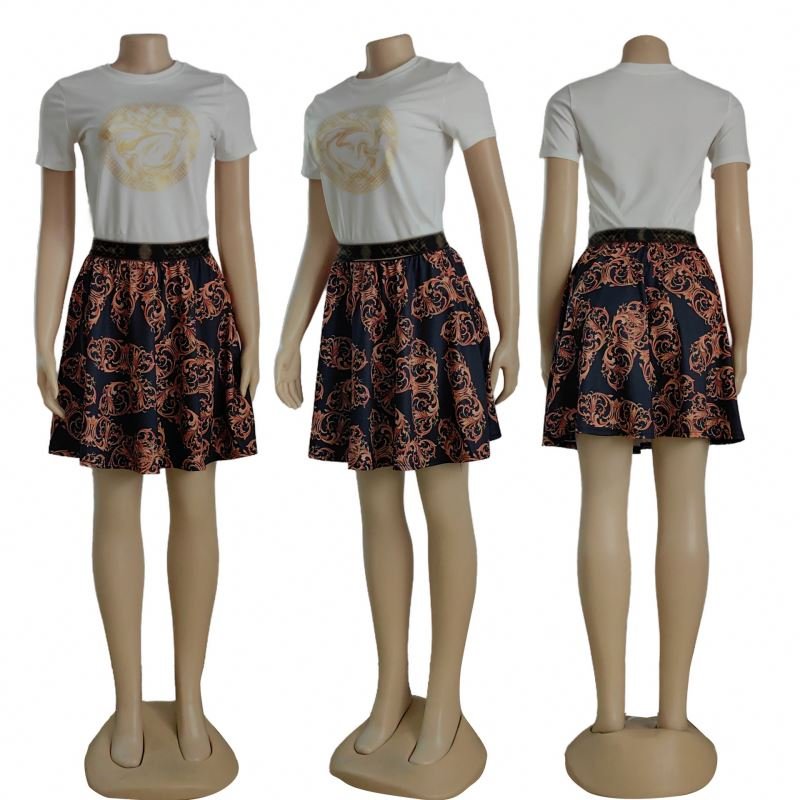 Wholesale women brand clothing Summer women matching sets 2 piece Fashionable short sleeved woven belt printed skirt