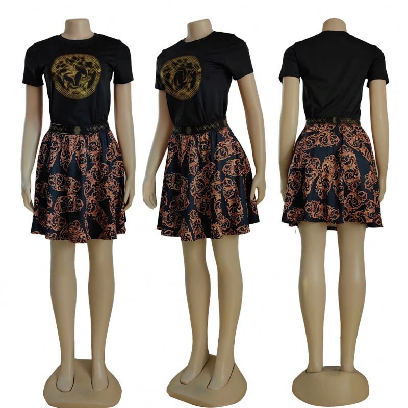 Wholesale women brand clothing Summer women matching sets 2 piece Fashionable short sleeved woven belt printed skirt