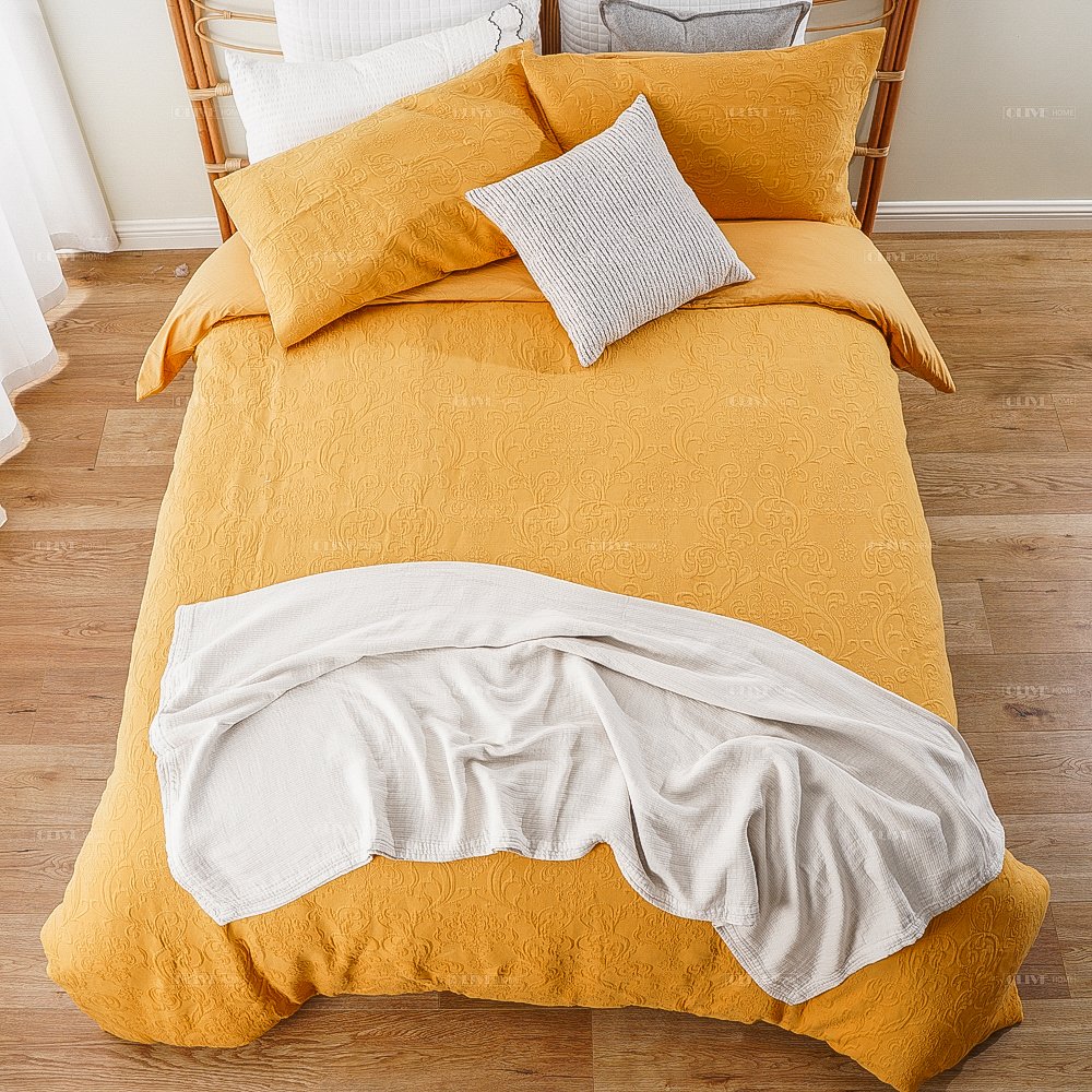 luxury Embossed Washed 100%Cotton Mustard Yellow Luxury Boho Bedding Set Bed Duvet Cover Cotton Korea Matching Pillow Shams