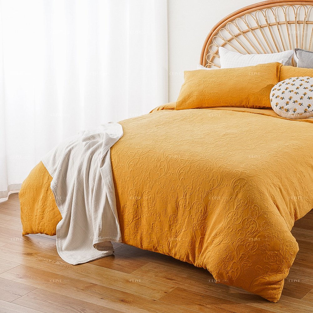luxury Embossed Washed 100%Cotton Mustard Yellow Luxury Boho Bedding Set Bed Duvet Cover Cotton Korea Matching Pillow Shams
