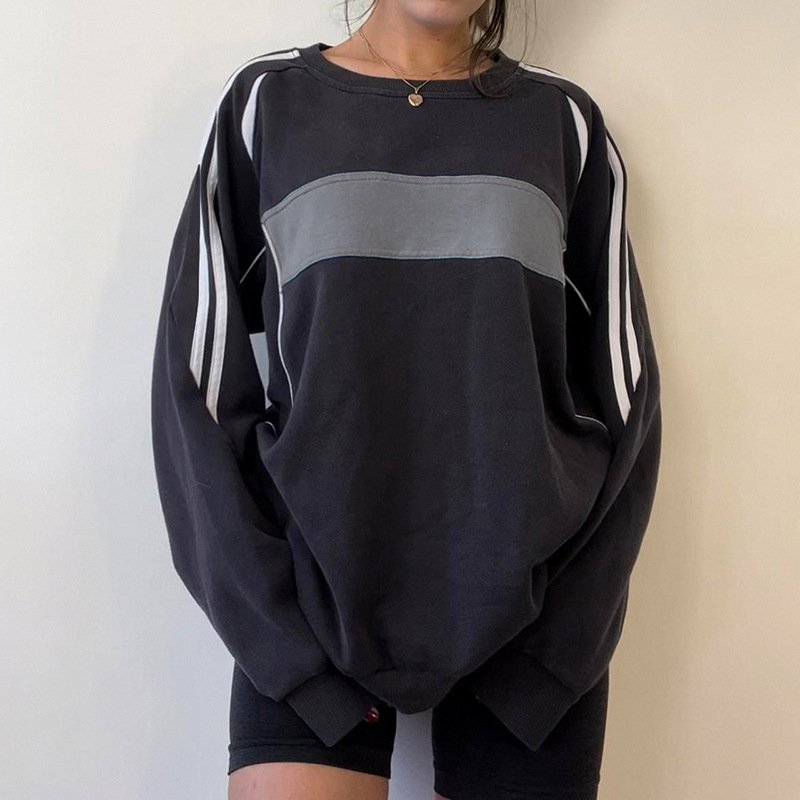 2023 New strip patchwork loose all-matching slimming round neck t-shirt autumn women casual top