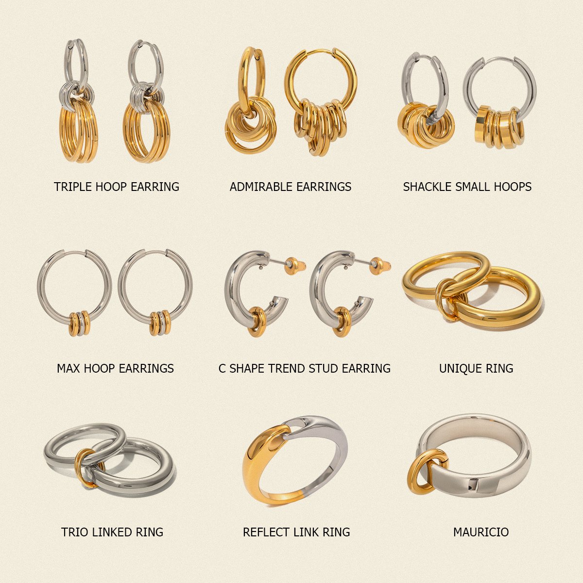 J&D 18K Stainless Steel PVD Plated Gold And Silver Color Matching Polished Steel Ring Hanging Five Small Gold Ring For Women