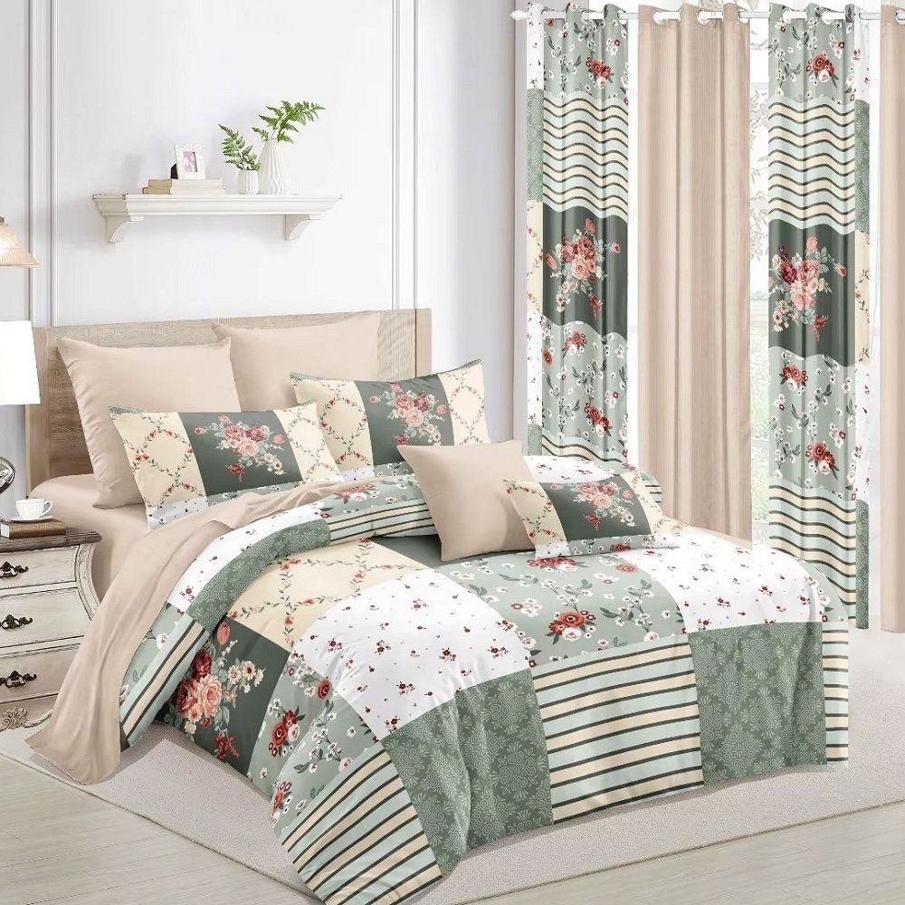 Factory Direct Cheap 100% Polyester Cotton Feeling Printing Fitted Sheet Bed Set With Matched Curtain