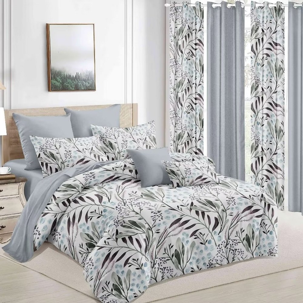Factory Direct Cheap 100% Polyester Cotton Feeling Printing Fitted Sheet Bed Set With Matched Curtain