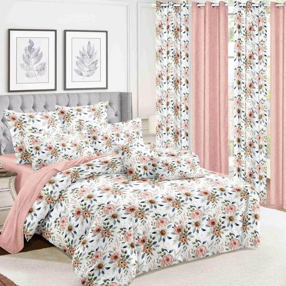 Factory Direct Cheap 100% Polyester Cotton Feeling Printing Fitted Sheet Bed Set With Matched Curtain