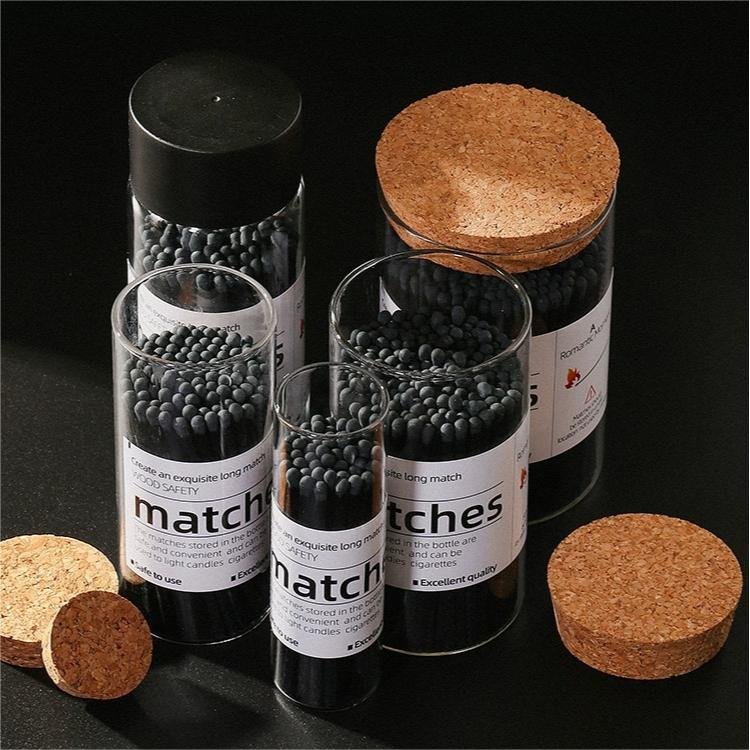 2024 New style High quality glass bottle all black matches custom logo jar candle safety matches strong wooden stick long match