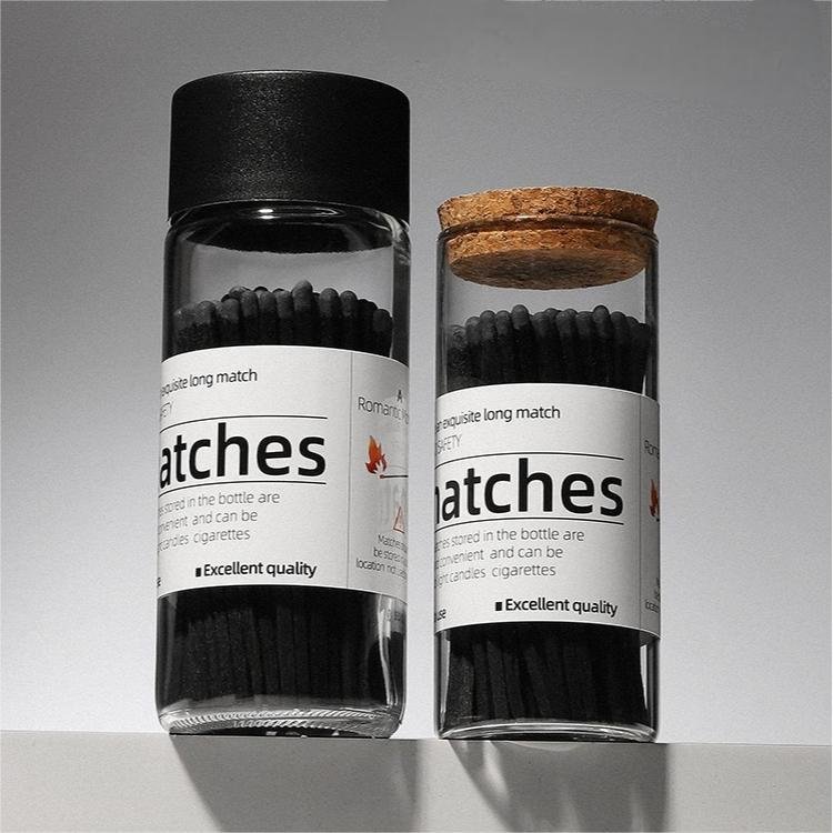 2024 New style High quality glass bottle all black matches custom logo jar candle safety matches strong wooden stick long match