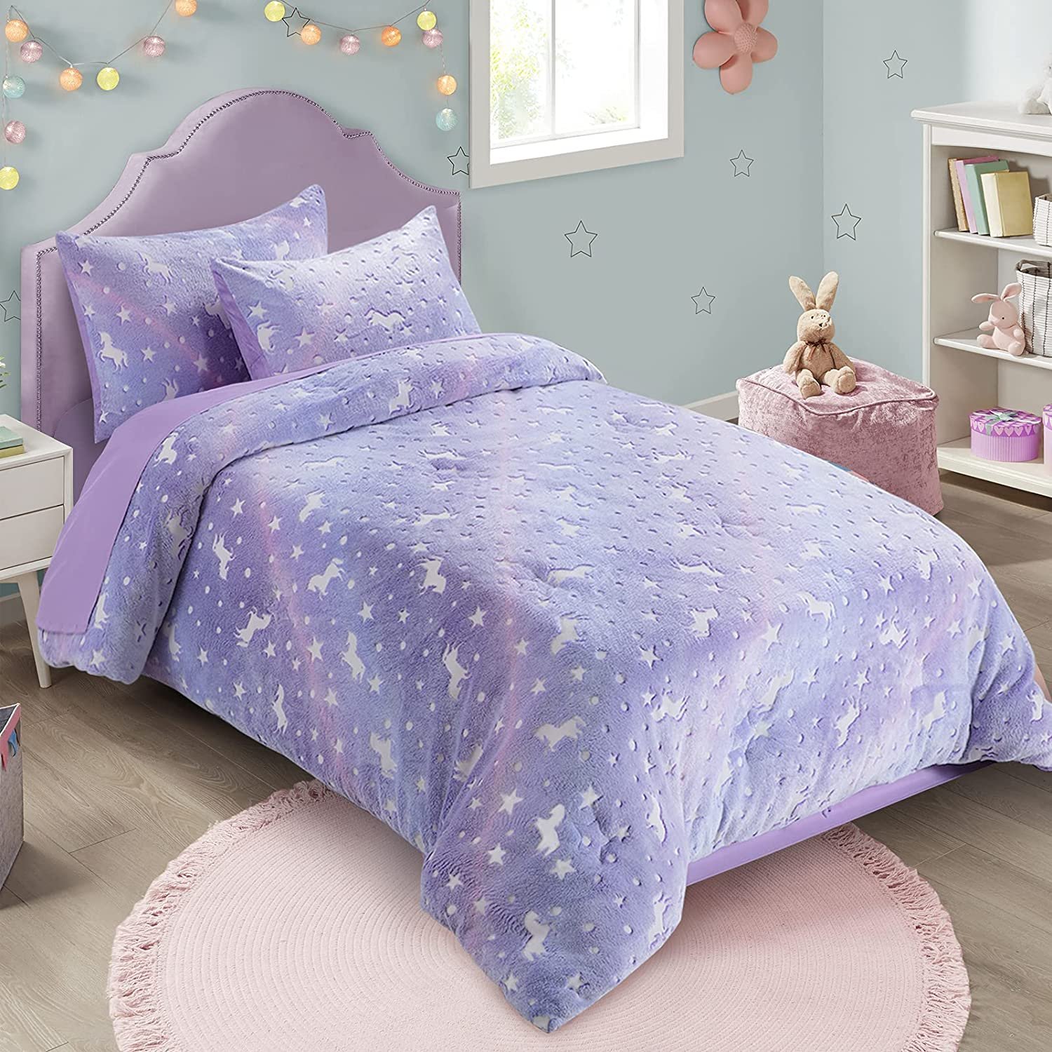 Glow in the dark queen bedding sets with matching pillow case unicorn bedding