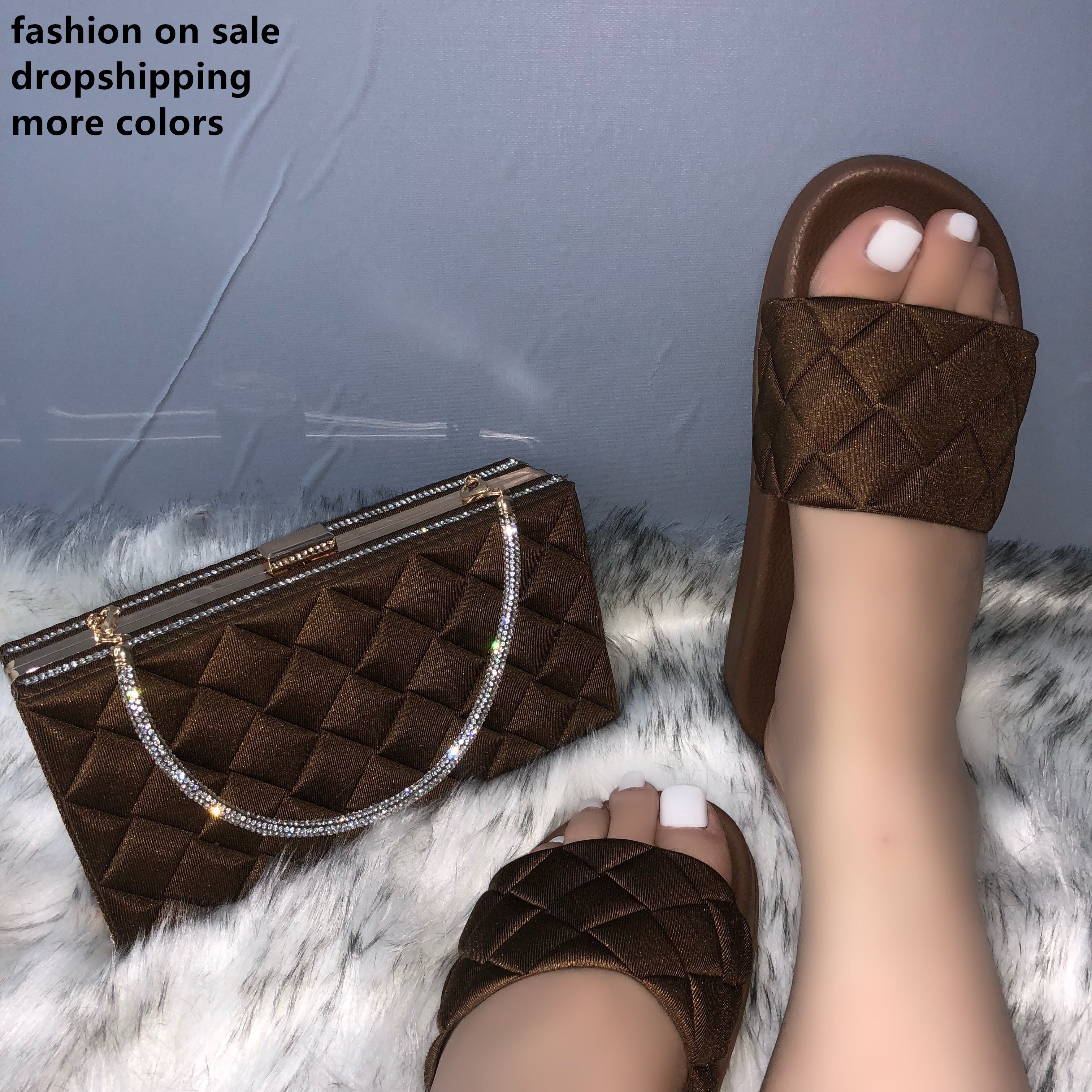 Fashion Wholesale Ladies Purse and shoes Matching Set Women Handbag and Slides Sandals Slippers Set
