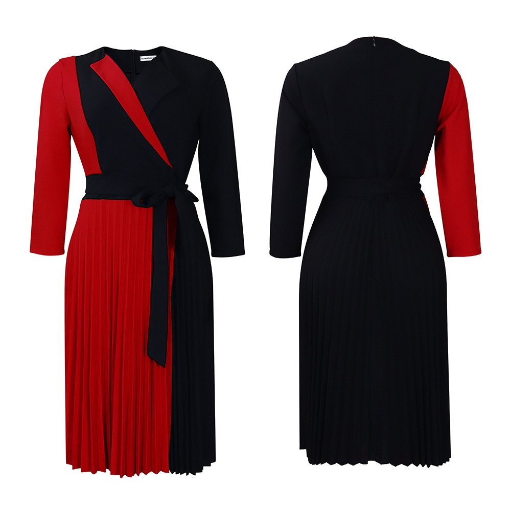 Europe and the United States plus-size women's fashion temperament color matching lace pleated skirt elegant dress