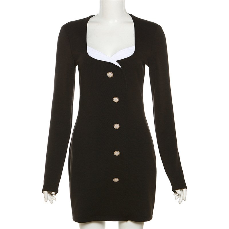Fashionable long-sleeved club dress square collar matching color slim-fit dress