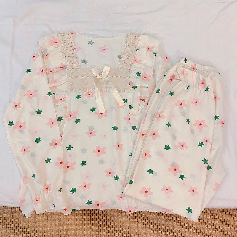 Wholesale matching family pajamas,Square Collar Long sleeve open 2 piece pajamas, sweet and comfortable sleepwear women