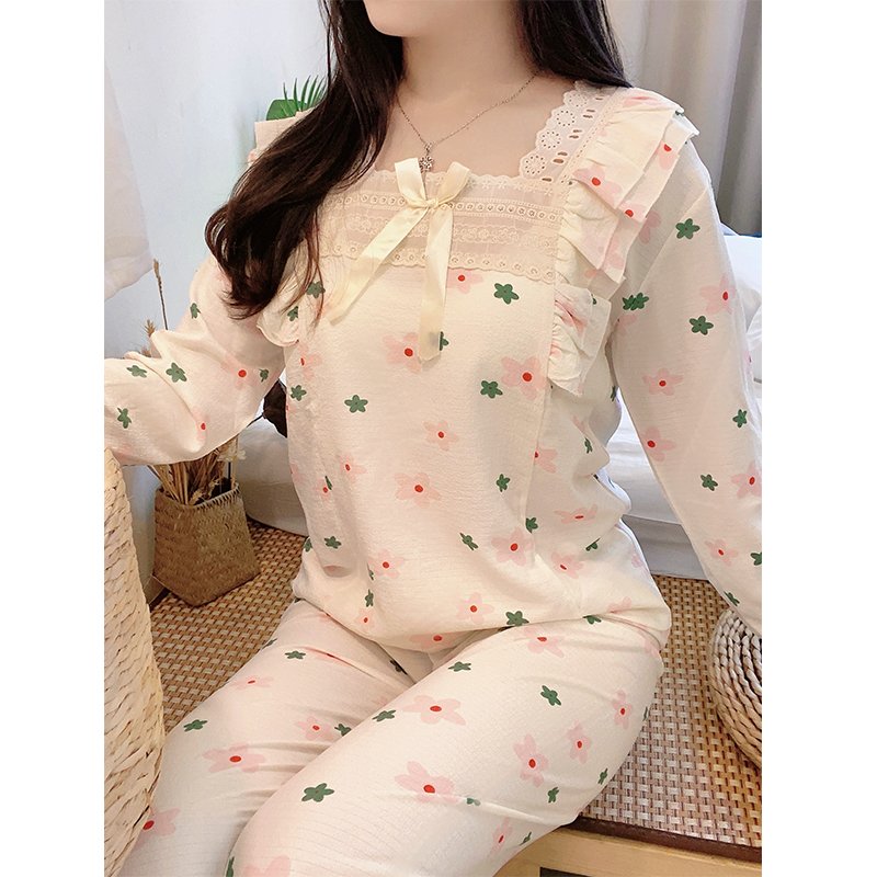 Wholesale matching family pajamas,Square Collar Long sleeve open 2 piece pajamas, sweet and comfortable sleepwear women