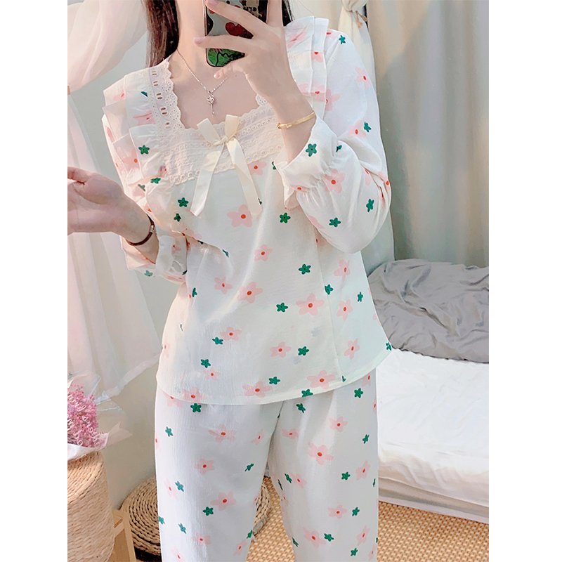 Wholesale matching family pajamas,Square Collar Long sleeve open 2 piece pajamas, sweet and comfortable sleepwear women