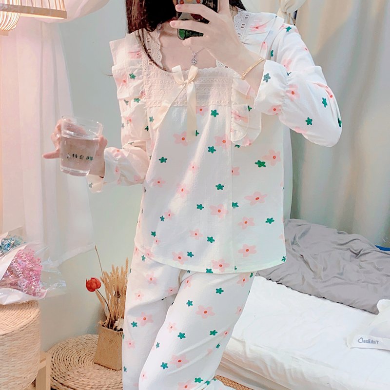 Wholesale matching family pajamas,Square Collar Long sleeve open 2 piece pajamas, sweet and comfortable sleepwear women