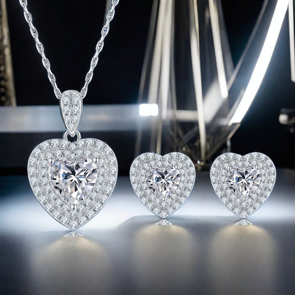 Fashion Luxury Moissanite Heart Pendant Stud Earrings And Necklace Fine Jewelry 925 Silver Women Jewelry Set