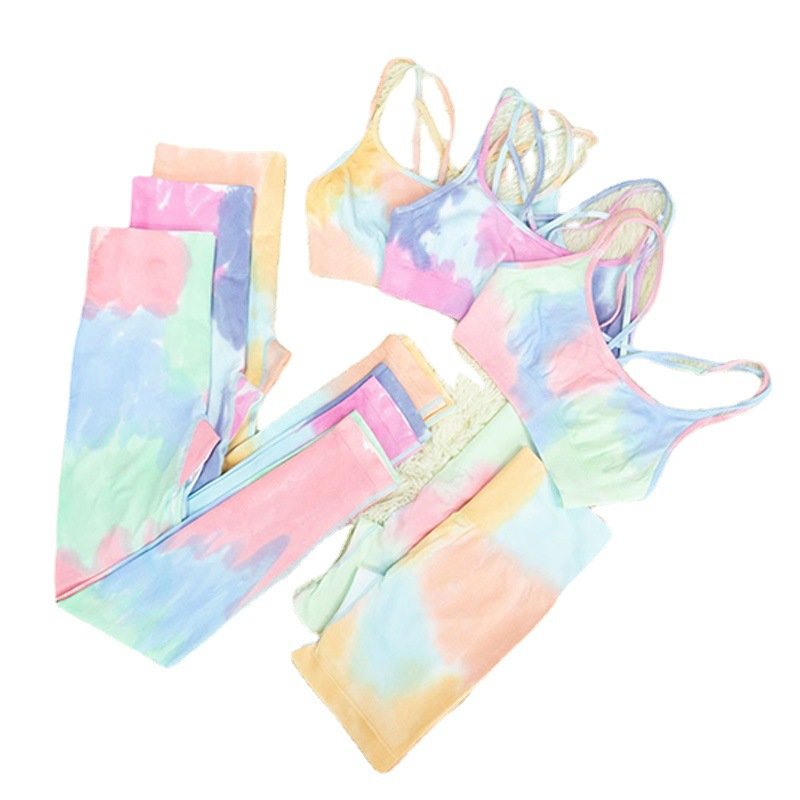 Summer Seamless Yoga Set Fitness Tie Dye Color Matching High Waist Sports Bra Shorts Leggings 3 Piece Workout Sets for Women