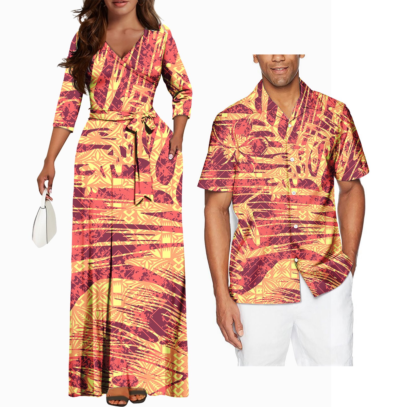 Hawaii Flower Printed Polynesian Dress Casual Women Maxi Long Dresses Matching Mens Shirt Couples Matching Outfits