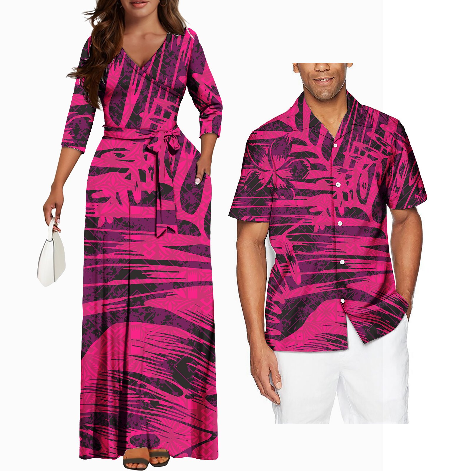 Hawaii Flower Printed Polynesian Dress Casual Women Maxi Long Dresses Matching Mens Shirt Couples Matching Outfits