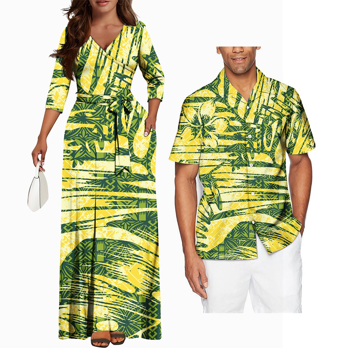 Hawaii Flower Printed Polynesian Dress Casual Women Maxi Long Dresses Matching Mens Shirt Couples Matching Outfits