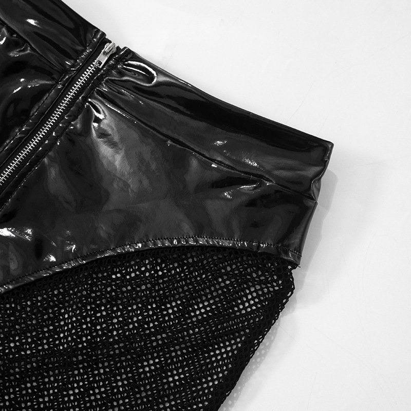 Spring Fall Women Leather Sets PU Crop Jacket And Mesh Patchwork Sorts Matching Sets Casual Y2k Pu Leather Two Piece Sets Women
