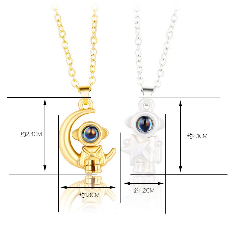 Valentine's Day Jewelry Spaceman Match Paired Necklaces Stars Moon Astronaut Projection 100 Languages I Love You Couple Necklace
