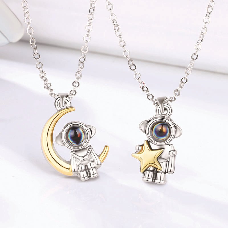 Valentine's Day Jewelry Spaceman Match Paired Necklaces Stars Moon Astronaut Projection 100 Languages I Love You Couple Necklace