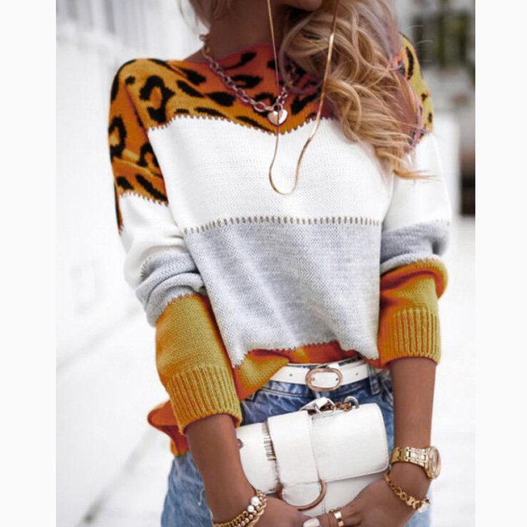 Autumn and leopard-print pullover color matching one-line collar women's knitted winter sweaters base