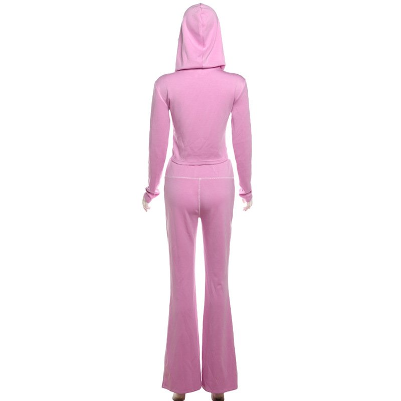 X16125C Casual Sporty 2 Piece Set Women Long Sleeve Zip-Up Crop Hoodie and High Waist Flared Pants Matching Tracksuit Streetwear