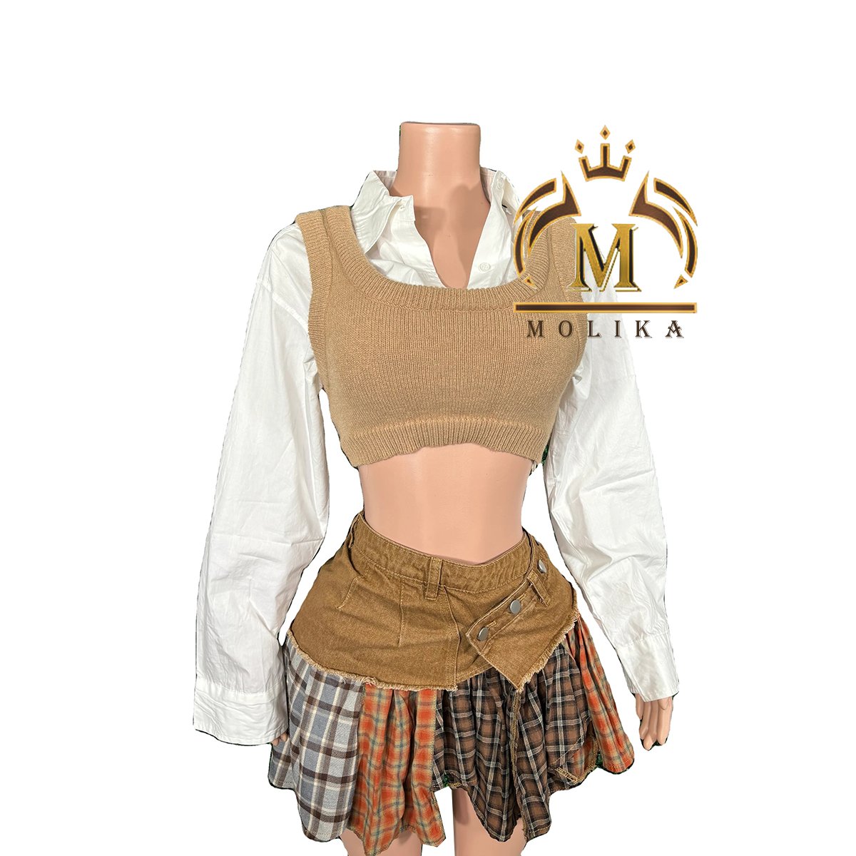 Winter Fall Women Outfits Knit Vest Shirt Crop Top Denim Plaid Skirt Match 2 Piece Casual Patchwork Two Piece Skirt Sets Women